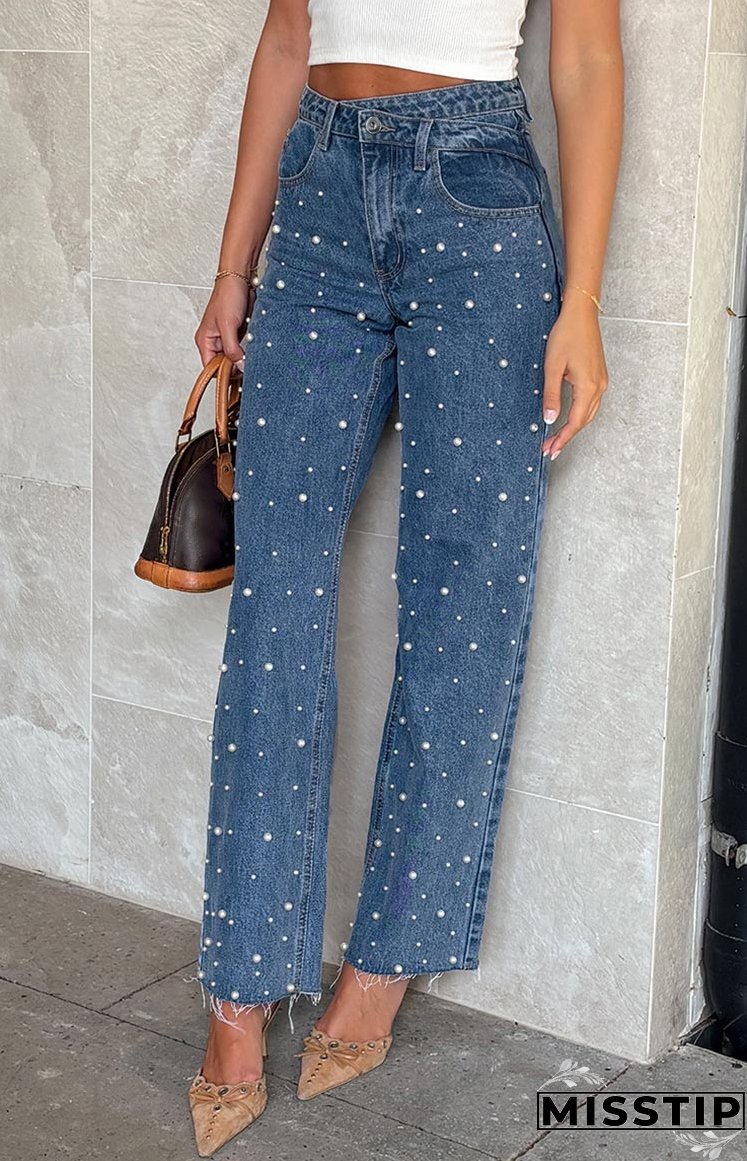 Women's Clothing Beaded Straight Denim Trousers