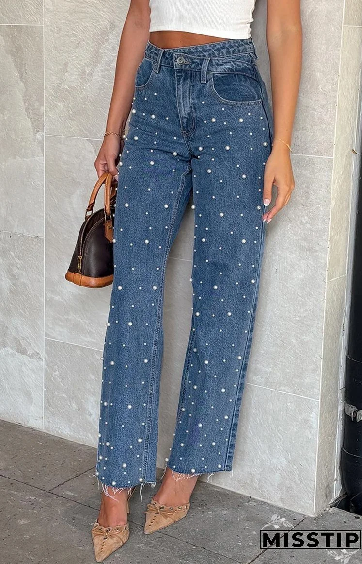 Women's Clothing Beaded Straight Denim Trousers