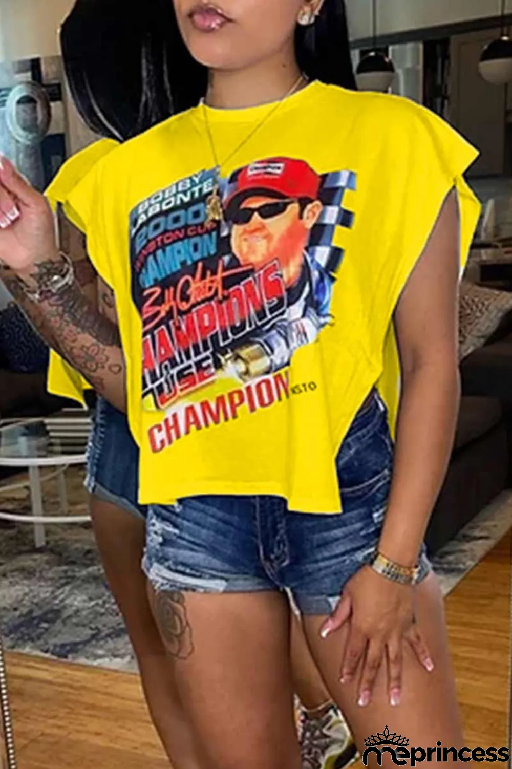 Rose Red Sexy Street Print Patchwork Slit Asymmetrical O Neck T-Shirts