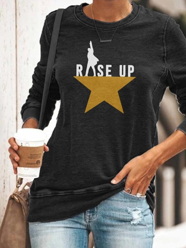 Letter Star Print O neck Long Sleeve Casual T Shirt For Women P1755927