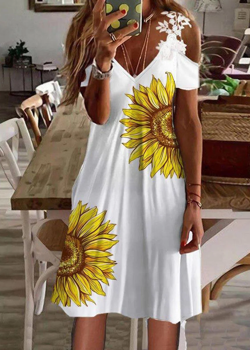 Print Off Shoulder Lace Strap Dress