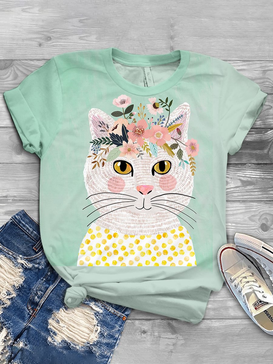 Women's A Cute Meow Cat Print T-Shirt