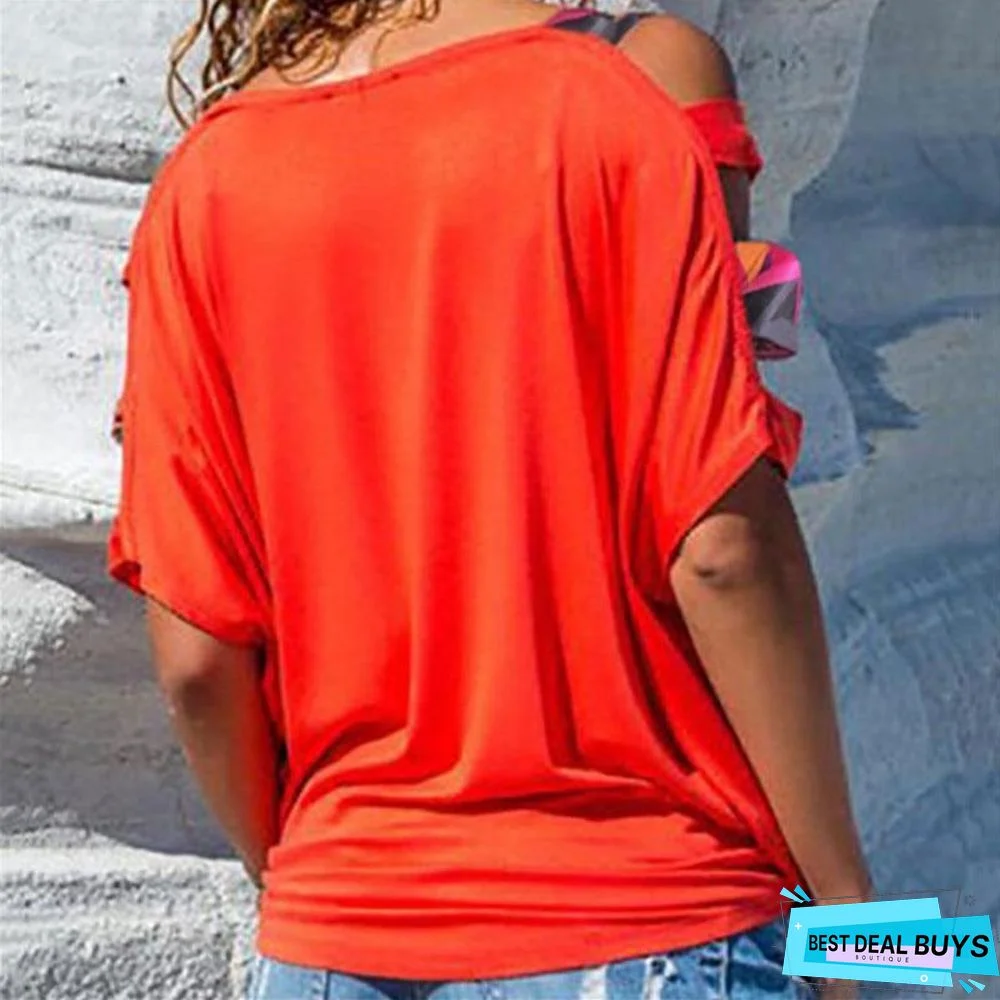 Women Bare Shoulder T-Shirt Vintage Boho Print Cold Shoulder Tunic Loose T-Shirt