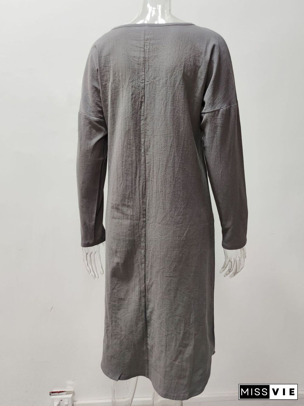 Women Long Sleeve Scoop Neck Solid Pockets Midi Dress