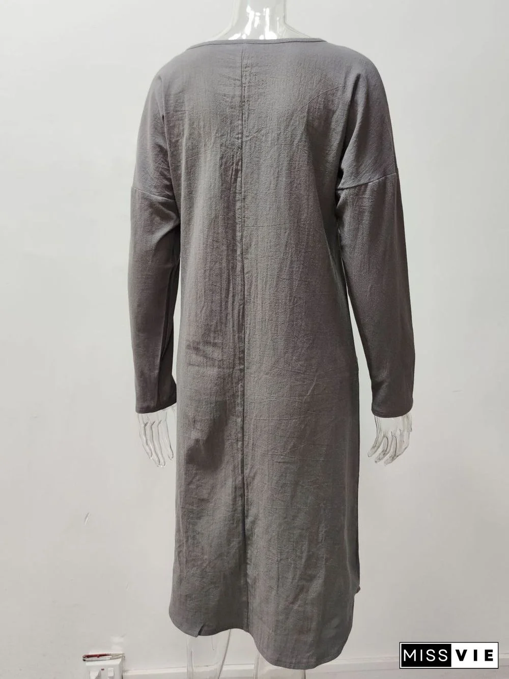 Women Long Sleeve Scoop Neck Solid Pockets Midi Dress