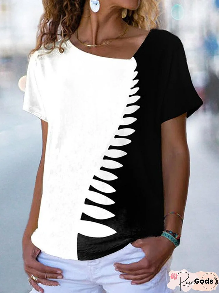 Color Block Asymmetrical Neck Vacation Short Sleeve Tops