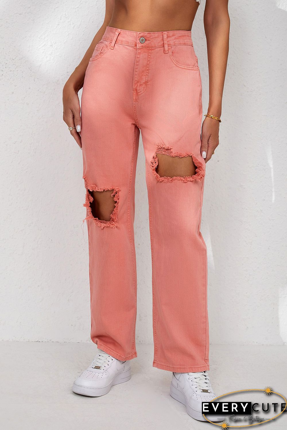 Pink High Waist Ripped Straight Leg Pocket Jeans