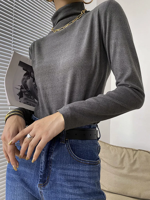 Casual Long Sleeves Pure Color Half Turtleneck T-Shirts Tops