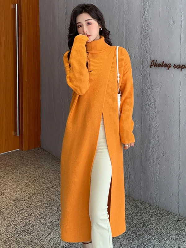 Stylish Long Sleeves Split-Front Solid Color High-Neck Sweater Tops