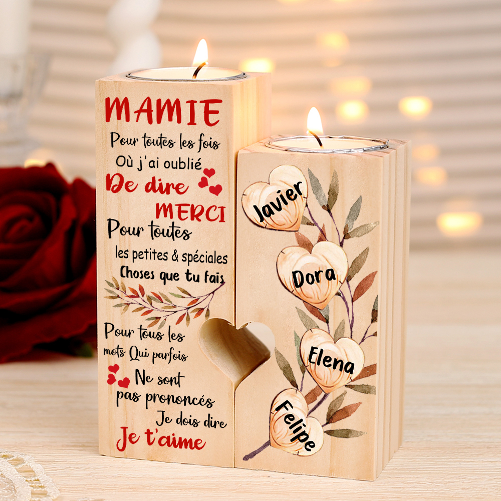 À Ma Mamie - Bougeoir en Bois 4 Prénoms Personnalisés sans bougie