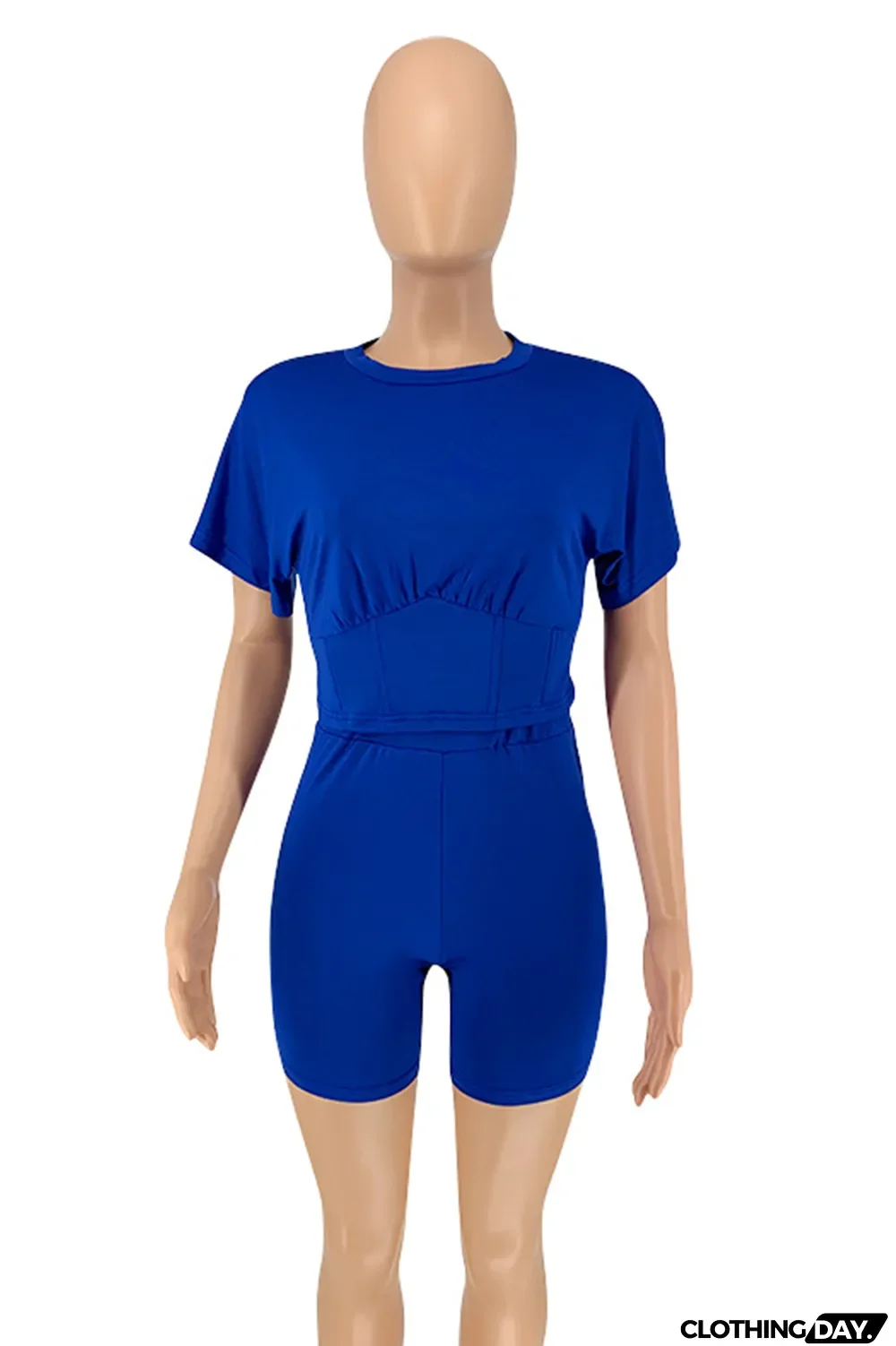 Blue Casual Solid Split Joint O Neck Short Sleeve Two Pieces