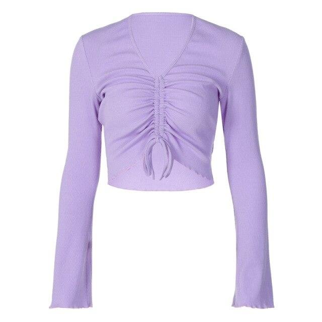 V-Neck Flare Sleeve Long Drawstring Slim Purple Crop Top Pleated Solid Simple Sweet T Shirts Women Casual Autumn Tops - Shop Trendy Women's Fashion | TeeYours