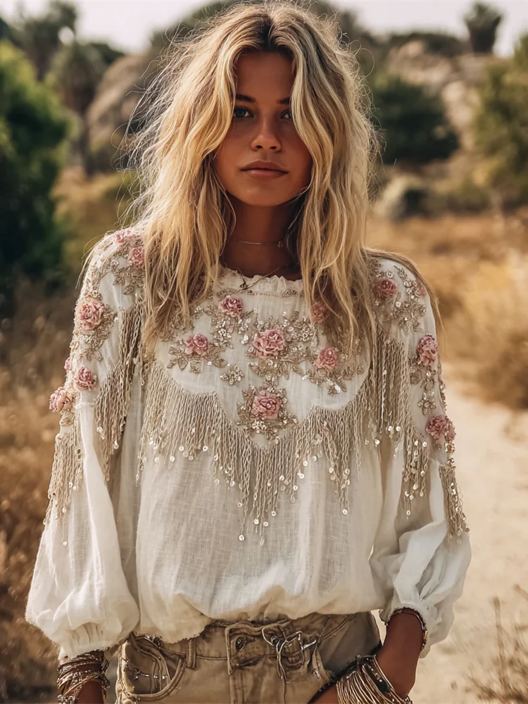 Vintage Bohemian Fringed Floral Art Women's Linen Long Sleeve Shirt