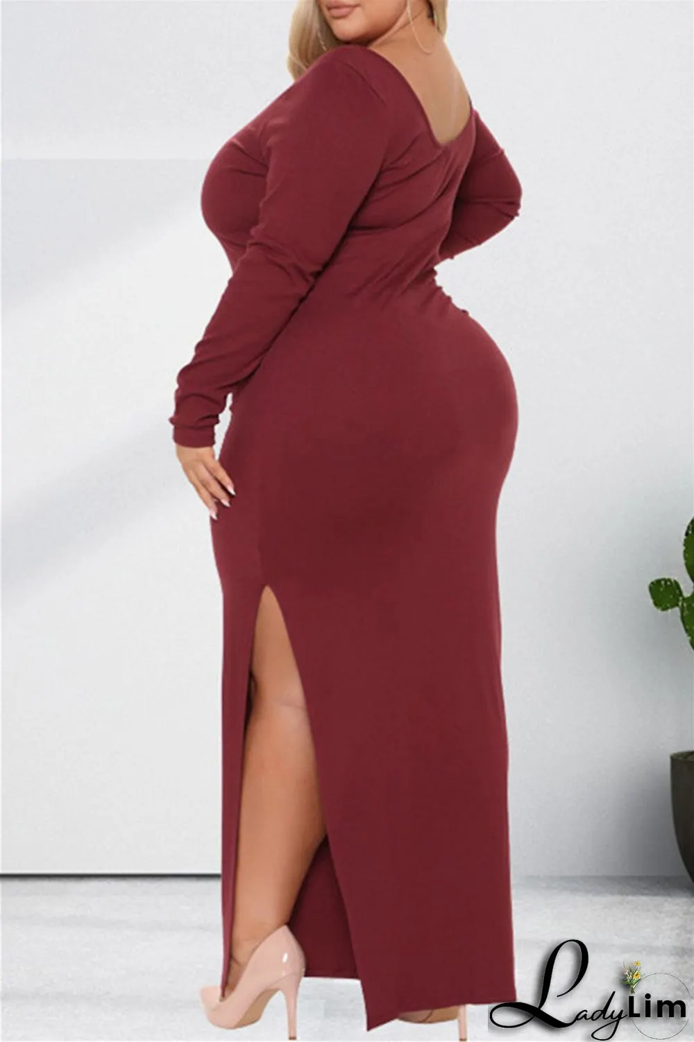 Burgundy Fashion Casual Solid Slit O Neck Long Sleeve Dresses