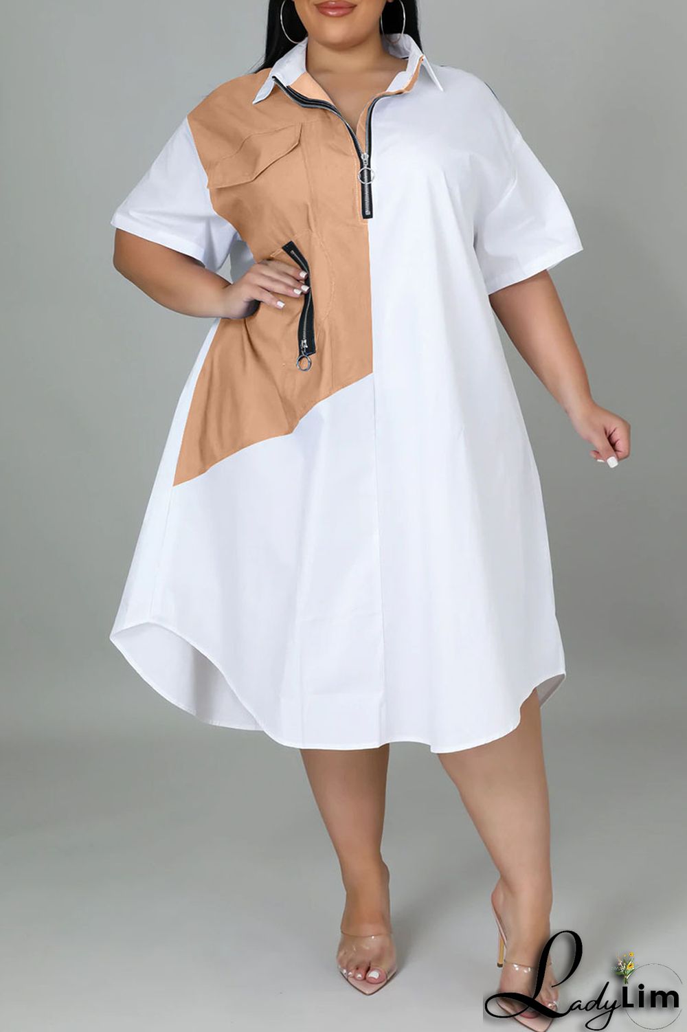 Light Blue Casual Solid Patchwork Zipper Collar Straight Plus Size Dresses