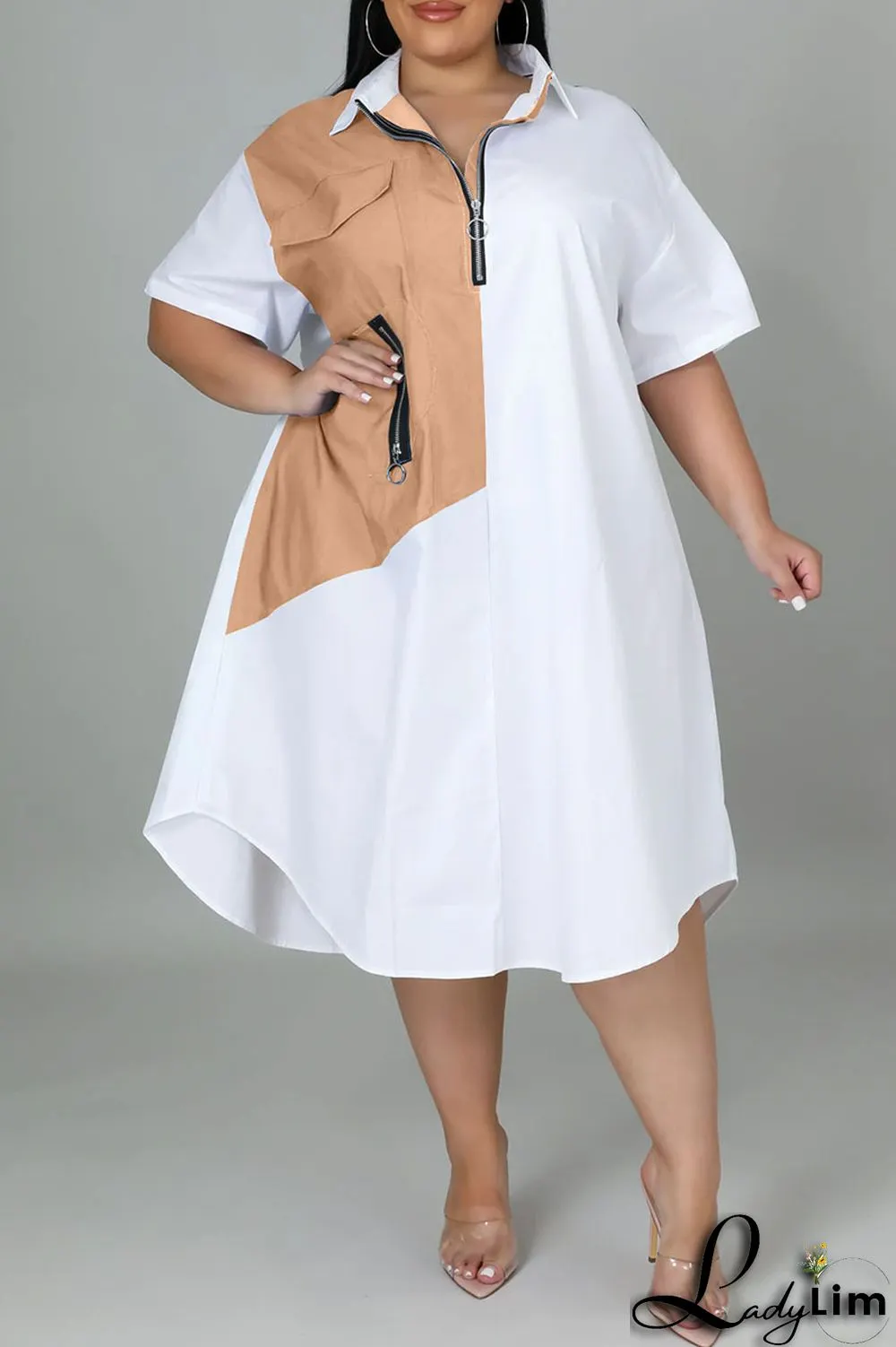 Light Blue Casual Solid Patchwork Zipper Collar Straight Plus Size Dresses