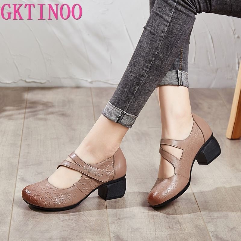 GKTINOO 2021 Vintage Women Pumps Comfortable Genuine Leather High Heel Shoes Women Round Toe Casual Thick Heel Mother Shoes