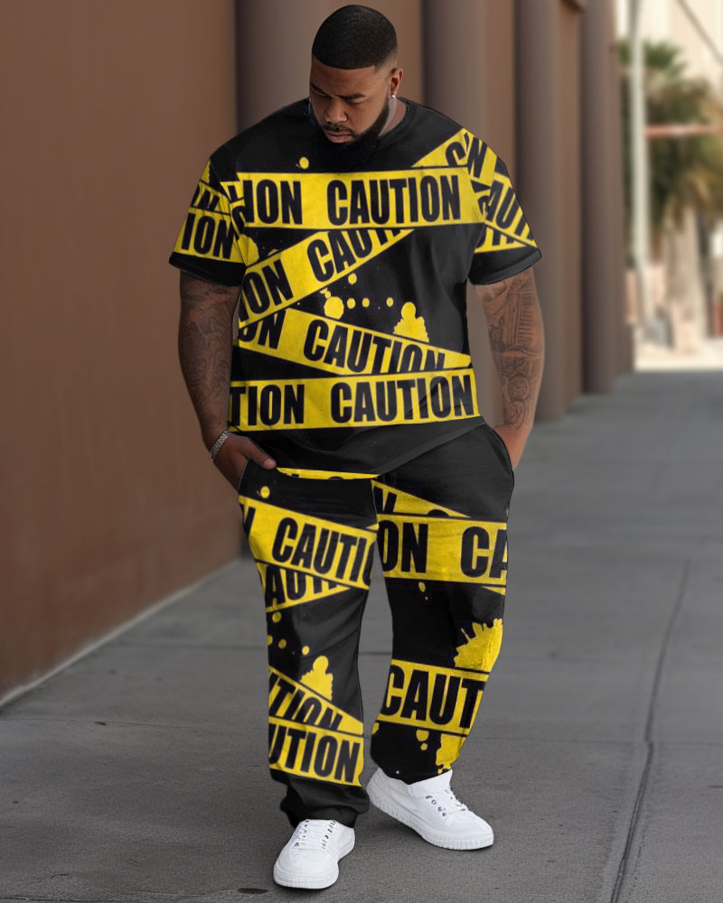 Men's Large Size Cartoon Full Body Printed CAUTION Short-sleeved Trousers Two-piece Set