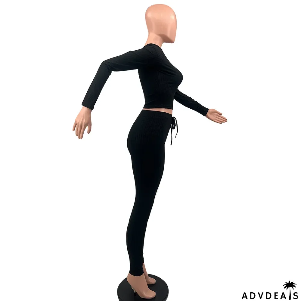 Women's Solid Color Sexy Ribbed V-Neck Two Piece Set