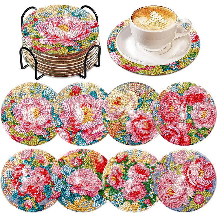 8Pcs Blooming Flower Diamond Painting Coasters with Holder Animal for Party gbfke
