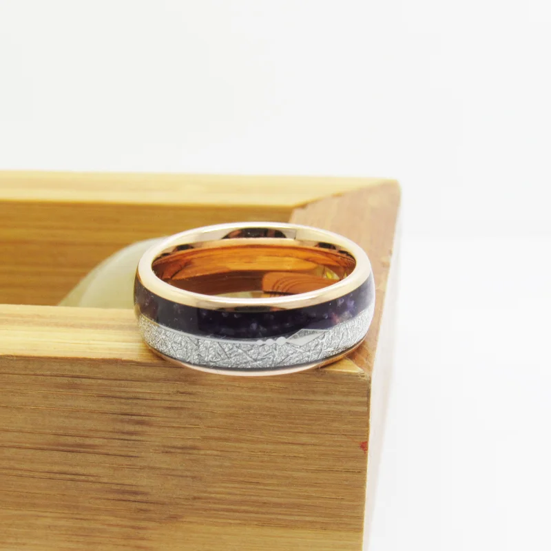 6MM 8MM Full Arc Electric Rose Gold Inlaid With Purple Lapis Lazuli Silver Wire Clip Silver Arrow Wedding Comfort Fit Couple Rings