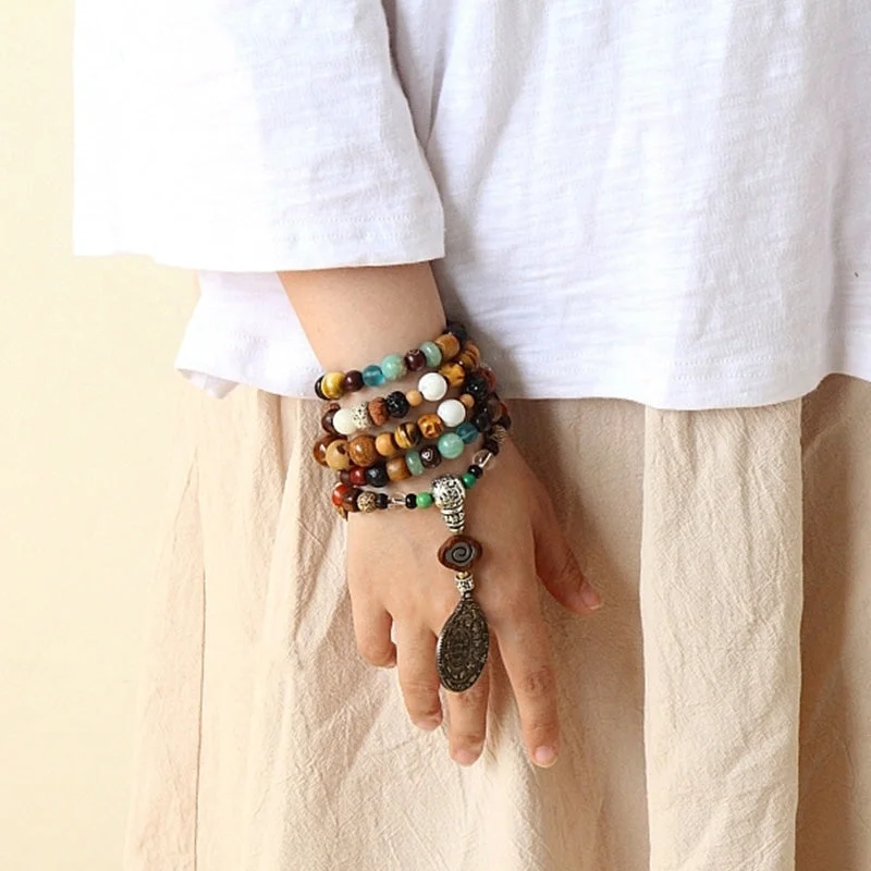 Tibet 108 Mala Beads Nine Palaces Bagua Bodhi Seed Yak Bone Vajra Harmony Bracelet
