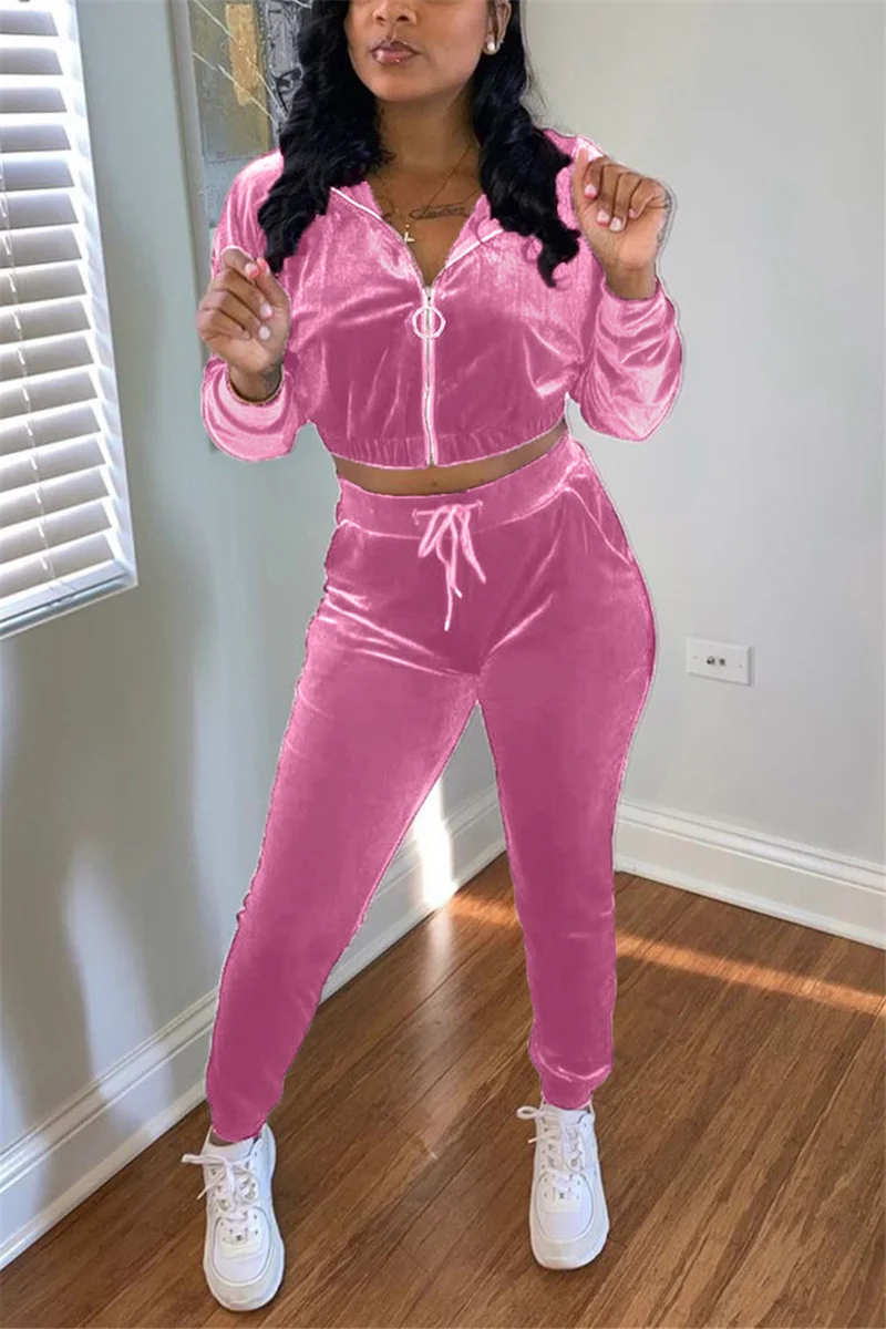 Pink Fashion Casual Adult Flocking Solid Patchwork Hooded Collar Long Sleeve Regular Sleeve Short Two Pieces | EGEMISS