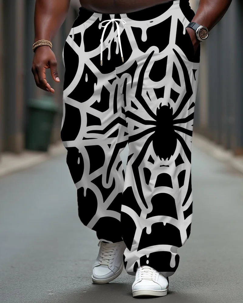 Men's Street Fashion Spider Web Printed Big and Tall Pants with Pockets & Drawstring