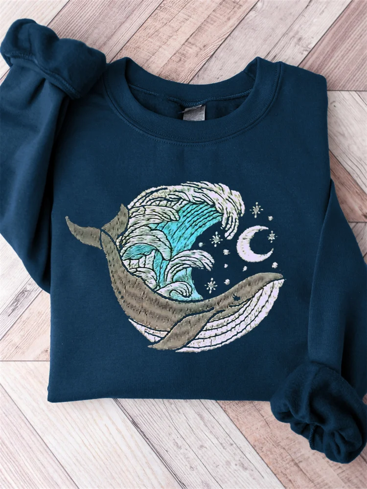 Whale & Moon Embroidery Art Comfy Sweatshirt