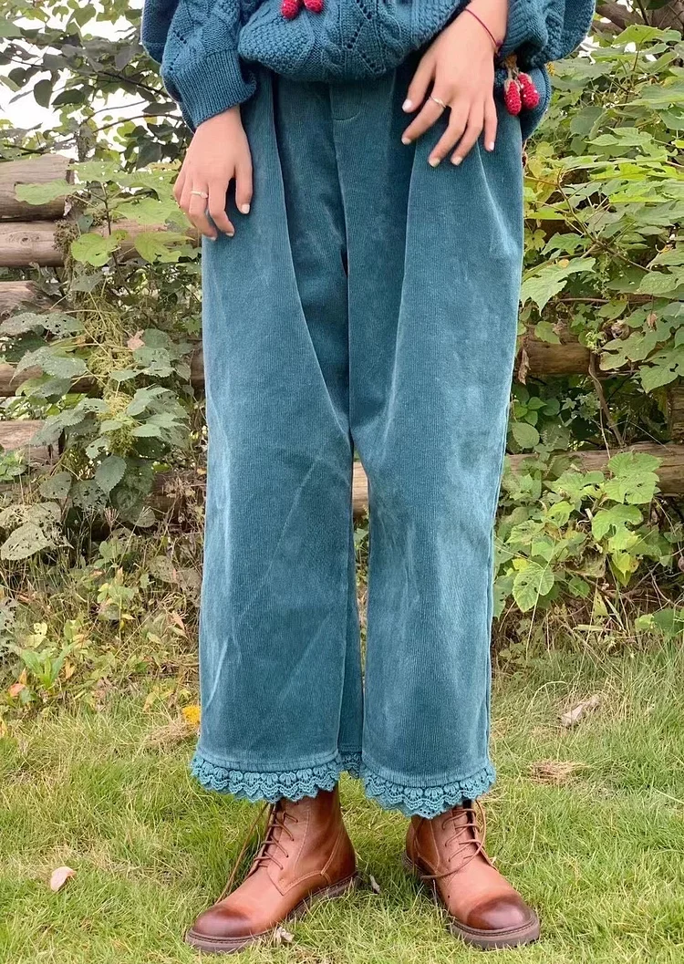 Queenfunky cottagecore style Corduroy Fleece Lined Cropped Pants With Lace Hem QueenFunky
