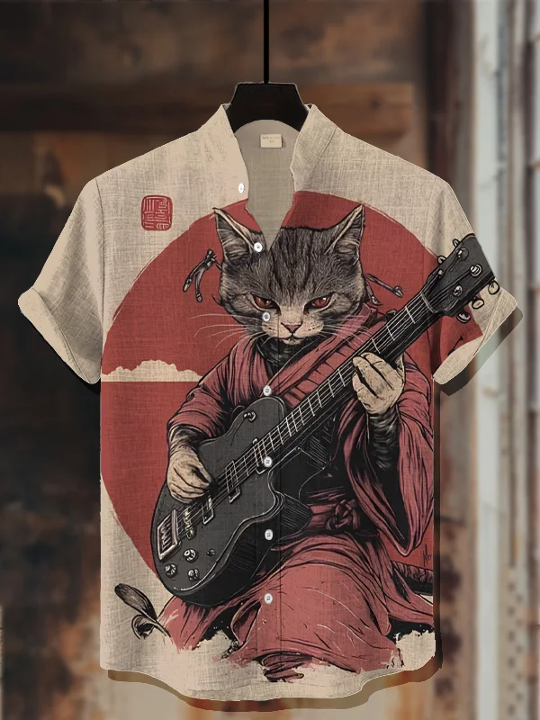Men's Samurai Cat Playing Guitar Japanese Art Print Casual Shirt