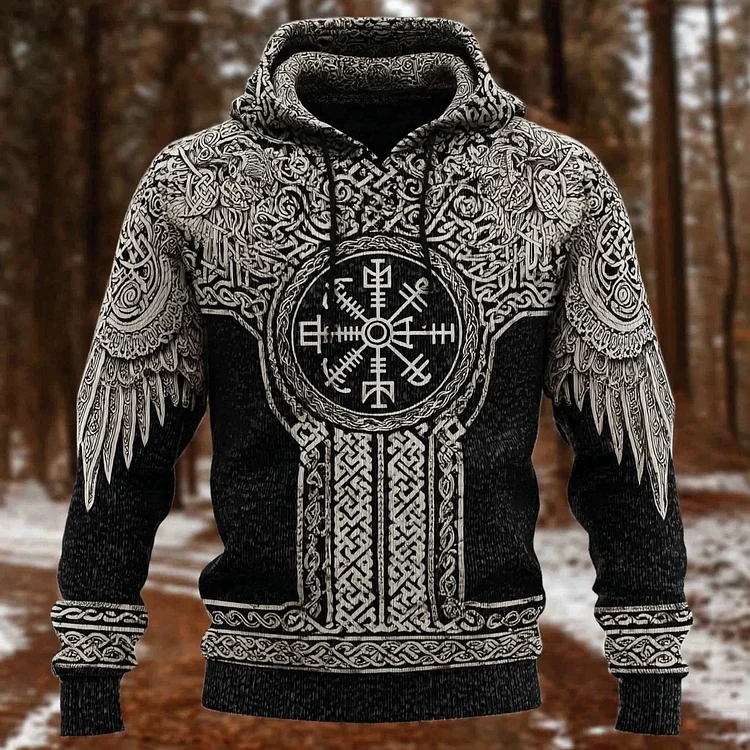 Men's Viking Rune And Wings Knit Hooded Sweater