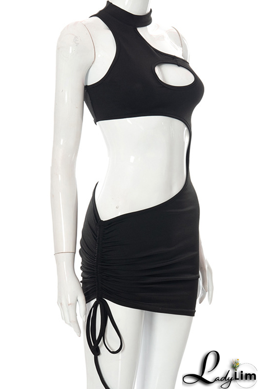 Black Sexy Solid Split Joint Half A Turtleneck Pencil Skirt Dresses