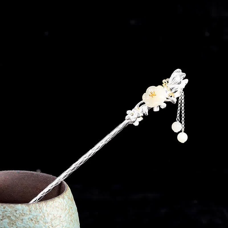 Hetian White Jade 925 Sterling Silver Flower Blessing Hairpin