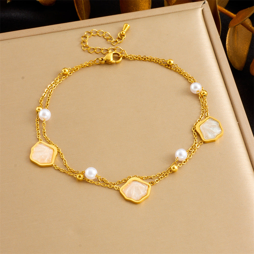 Fashionable And Simple Colorful Fine Glitter Shell Butterfly Double Layered Beach Style Stainless Steel Chain Pearl Starfish Anklet