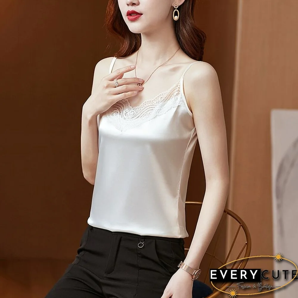 Christmas Gift Summer with Lace Silk Top Cami for Women Spaghetti Strap Top Tank Ladies Tops White Camisole Basic Tops Women Plus Size