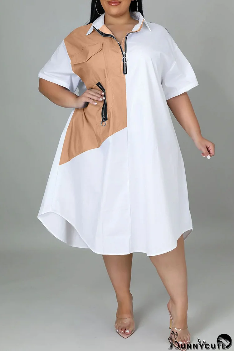 Khaki Casual Solid Patchwork Zipper Collar Straight Plus Size Dresses