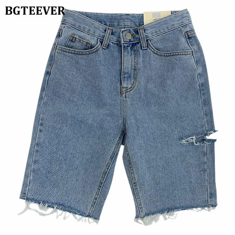 BGTEEVER Summer Casual Hot Shorts for Women High Waist Riped Button Up Female Denim Shorts Jeans Femme  Streetwear