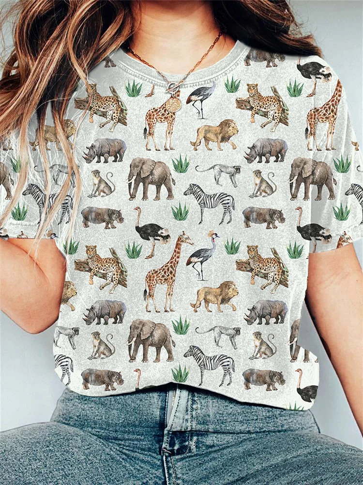 Watercolor Animals Print Casual Cotton T-shirt