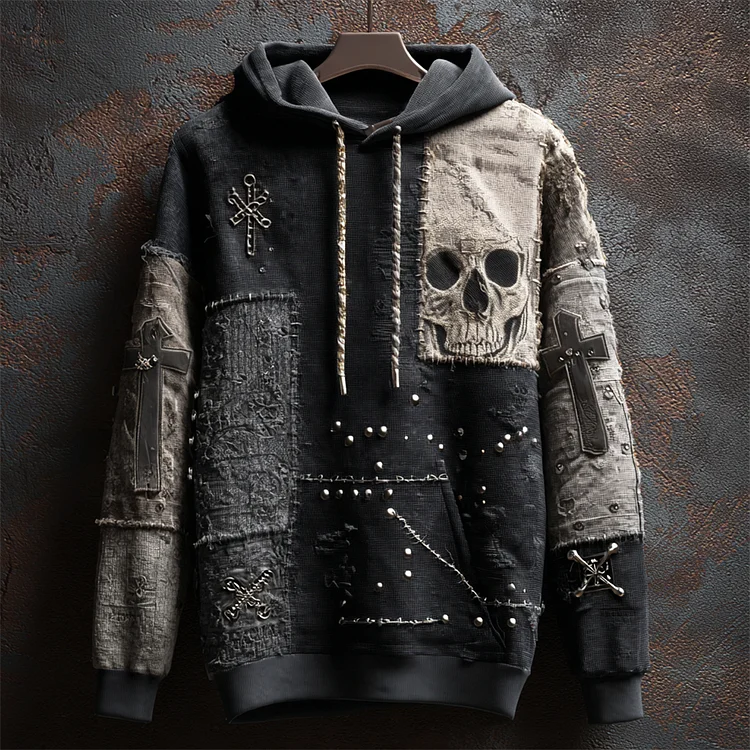Dark Rock Skull & Crossbones Men's Patchwork Hoodie