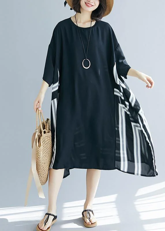 DIY o neck patchwork chiffon Long Shirts Fitted Life black striped Maxi Dresses Summer