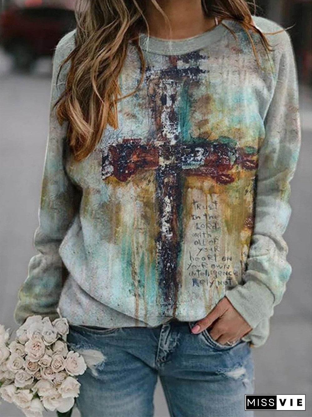 Women's Floral Scoop Neck Long Sleeve Graphic Floral Printed Top