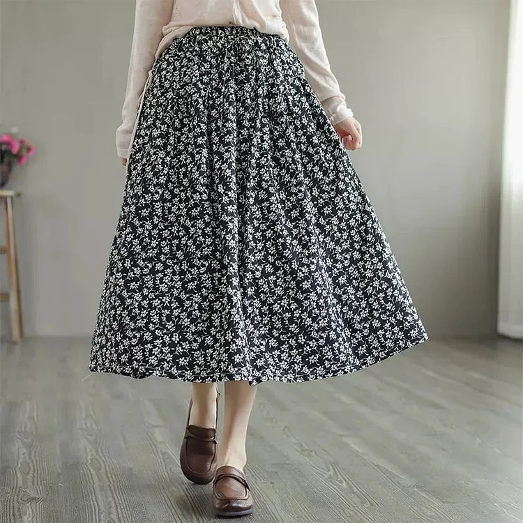 Women Cozy Retro Black Floral Cotton A-Line Skirt