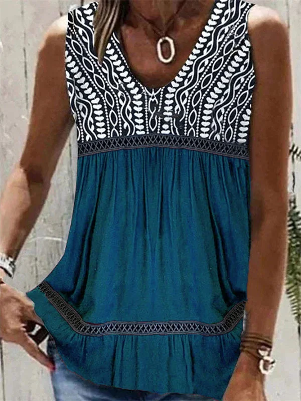 Women's Casual Printed Sleeveless O-neck Tops Blouse Vest