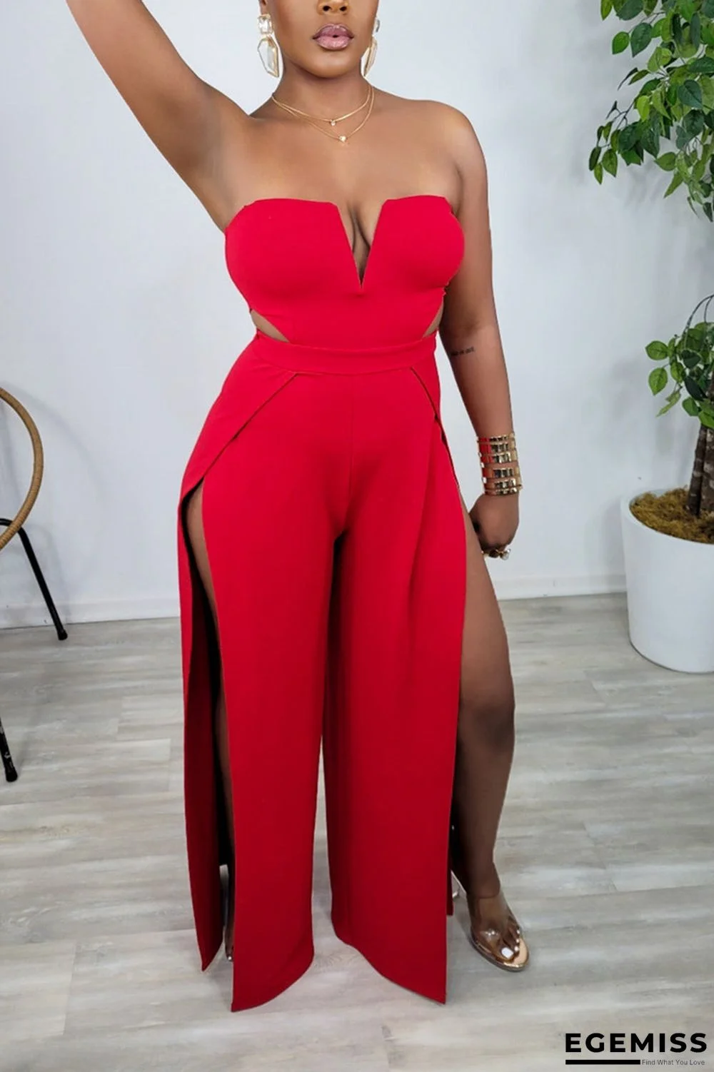 Red Sexy Solid Hollowed Out Slit Strapless Regular Jumpsuits | EGEMISS