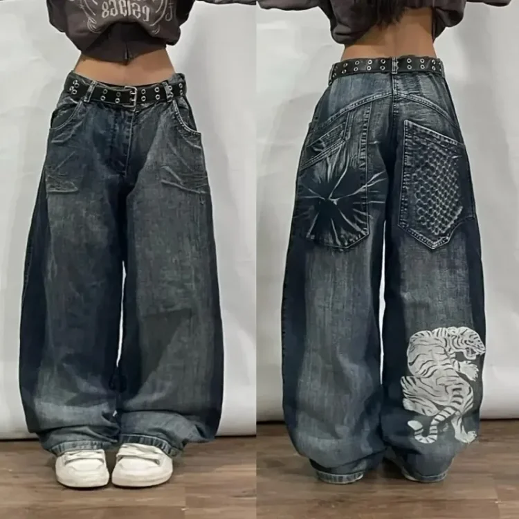 Enanhua 2025 New Japanese Harajuku Tiger Embroidery Loose High Waist Jeans Women's Y2K Hip Hop Rock Punk Gothic Wide Pants Street Wear