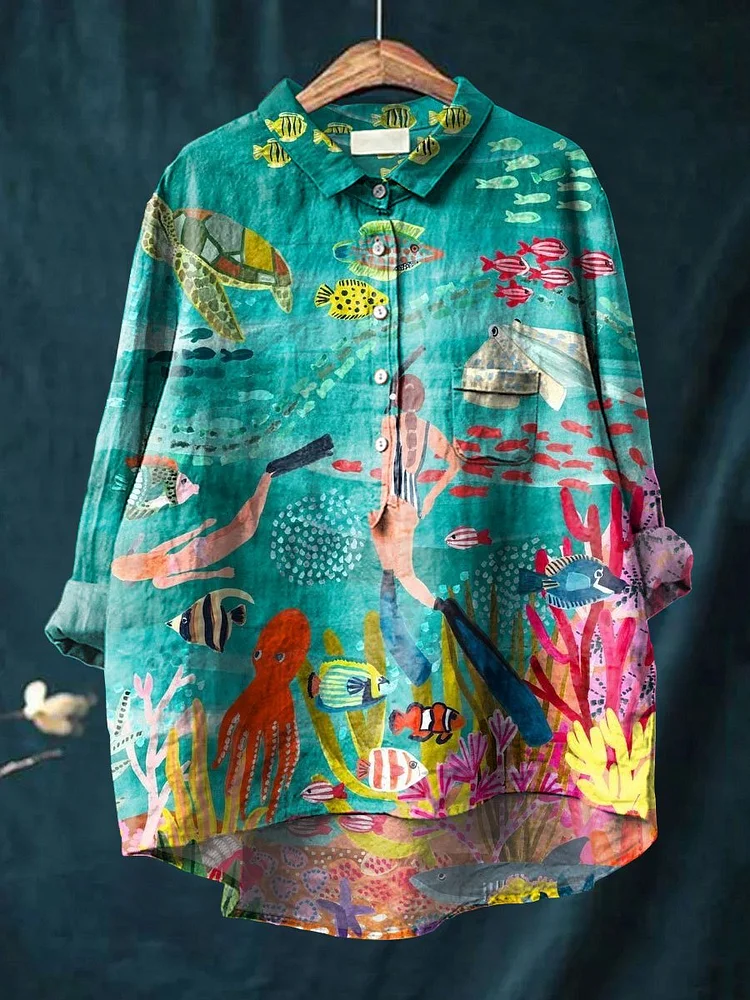 Ocean Art Printed Women's Casual Cotton And Linen Shirt