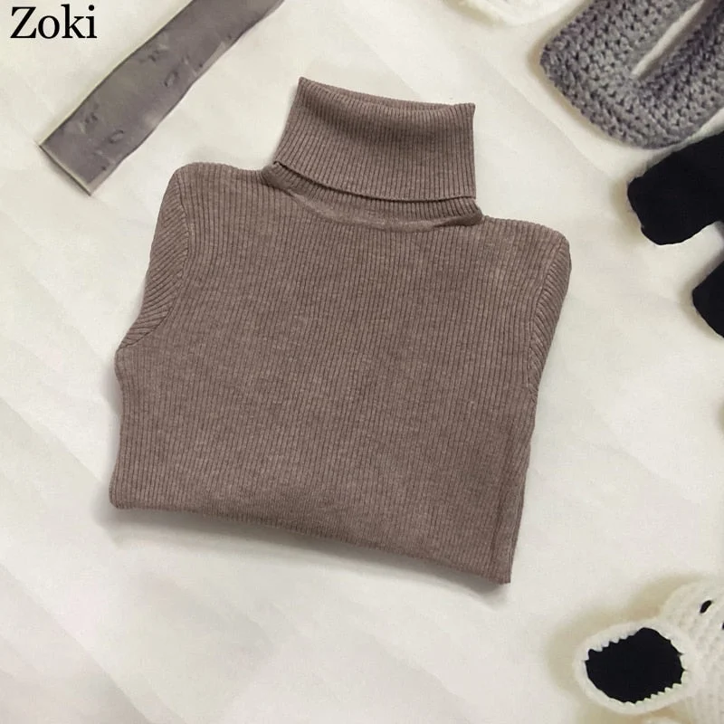Zoki Soft Women Turtleneck Sweater Autumn Long Sleeve Elastic Female Knitted Jumper Casual Pullover Slim Winter Basic Tops 2021
