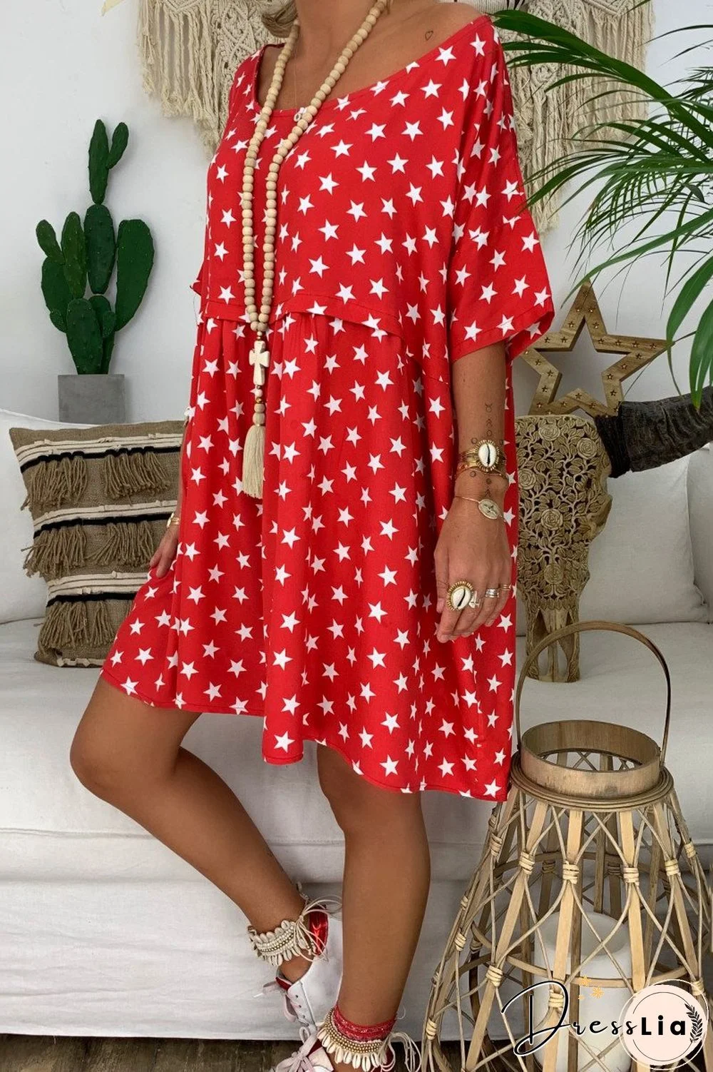 Star Printed Scoop Neck Dress