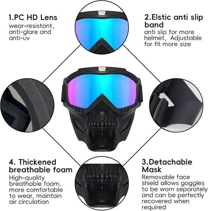 Retro Cool Skull Motorcycle Goggles - Motorcycle Sunglasses, Fogless, Warm, Adjustable Elastic Strap, Windproof, Breathable, UV Protection Motocross Protective Gear with Visor Lens for Off-Road Riding